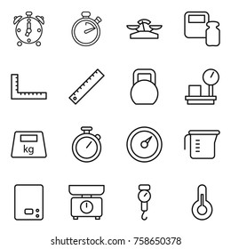 Thin line icon set : alarm clock, stopwatch, scales, weight, ruler, heavy, warehouse, barometer, measuring cup, kitchen, handle, thermometer