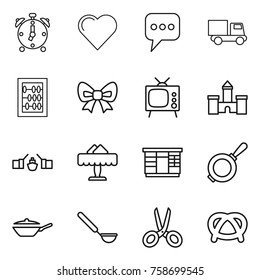 Thin line icon set : alarm clock, heart, message, truck, abacus, bow, tv, castle, drawbridge, restaurant, wardrobe, pan, ladle, scissors, pretzel