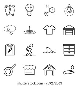 Thin line icon set : alarm clock, bulb brain, satellite, rocket, cloude service, target, t shirt, garage, clipboard pen, tourist, shark flipper, chest of drawers, pan, chief hat, barn, hand and drop