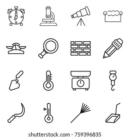 Thin line icon set : alarm clock, microscope, telescope, electrostatic, scales, magnifier, brick wall, pencil, construction, thermometer, kitchen, handle, sickle, rake, scoop
