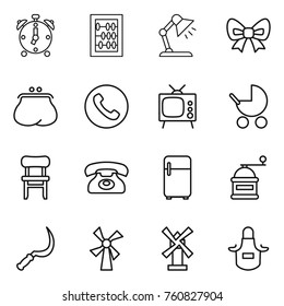 Thin line icon set : alarm clock, abacus, table lamp, bow, purse, phone, tv, baby stroller, chair, fridge, hand mill, sickle, windmill, apron