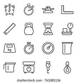 Thin line icon set : alarm clock, stopwatch, scales, ruler, heavy, sand, warehouse, barometer, measuring cup, kitchen, handle, thermometer