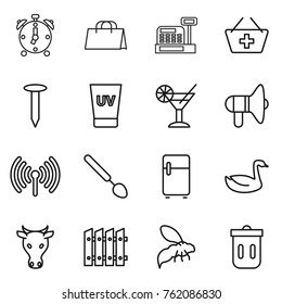Thin line icon set : alarm clock, shopping bag, cashbox, add to basket, nail, uv cream, cocktail, loudspeaker, wireless, big spoon, fridge, goose, cow, fence, wasp, trash bin