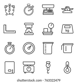Thin line icon set : alarm clock, stopwatch, market scales, ruler, sand, warehouse, heavy, barometer, measuring cup, kitchen, handle, thermometer