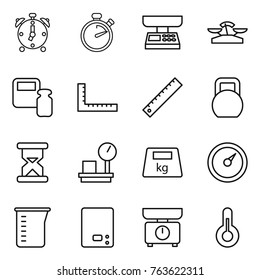 Thin line icon set : alarm clock, stopwatch, market scales, weight, ruler, heavy, sand, warehouse, barometer, measuring cup, kitchen, thermometer