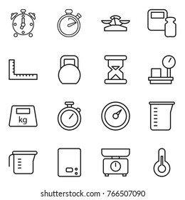 Thin line icon set : alarm clock, stopwatch, scales, weight, ruler, heavy, sand, warehouse, barometer, measuring cup, kitchen, thermometer