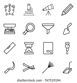 Thin line icon set : alarm clock, microscope, telescope, pencil, market scales, magnifier, funnel, construction, level, sand, kitchen, handle, sickle, pruner, rake, scoop