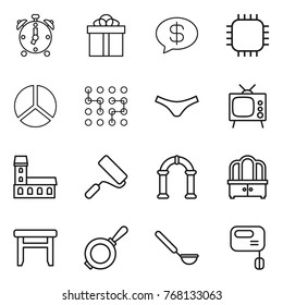 Thin line icon set : alarm clock, gift, money message, chip, diagram, underpants, tv, mansion, repair, arch, dresser, stool, pan, ladle, mixer