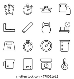 Thin line icon set : alarm clock, stopwatch, scales, weight, ruler, heavy, warehouse, barometer, measuring cup, kitchen, thermometer