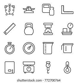 Thin line icon set : alarm clock, scales, weight, ruler, heavy, sand, warehouse, stopwatch, barometer, measuring cup, kitchen, handle, thermometer