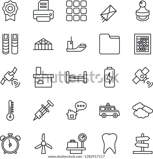 Thin Line Icon Set - alarm clock vector,\
clouds, luggage scales, abacus, printer, fireplace, greenhouse,\
syringe, ambulance car, tooth, sea shipping, satellite, menu,\
folder, charge,\
sertificate