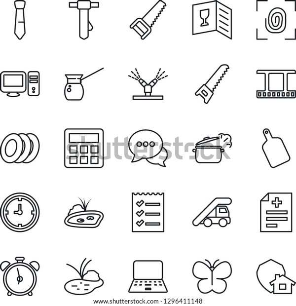 Thin Line Icon Set - alarm clock vector, ladder car,\
notebook pc, tie, saw, butterfly, pond, diagnosis, film frame,\
dialog, calculator, checklist, wine card, plates, cutting board,\
steaming pan