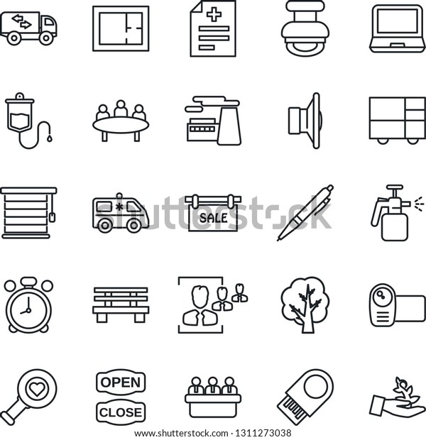 Thin Line Icon Set - alarm clock vector, meeting,\
factory, tree, bench, garden sprayer, diagnosis, dropper, heart\
diagnostic, ambulance car, consolidated cargo, speaker, video\
camera, laptop pc, hr