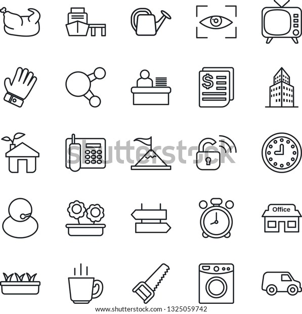 Thin Line Icon Set - alarm clock vector, signpost,\
watering can, glove, saw, seedling, store, support, receipt, sea\
port, tv, share, office building, phone, manager desk, flower in\
pot, coffee, car