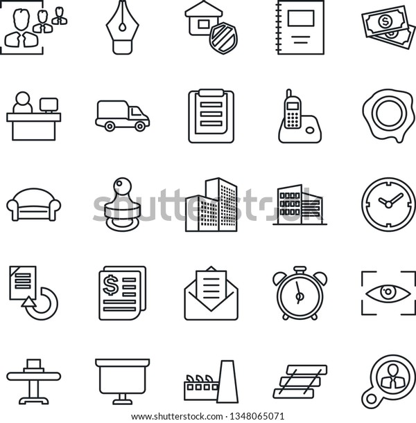Thin Line Icon Set - alarm clock vector, waiting\
area, presentation board, manager place, document reload, stamp,\
cash, car delivery, receipt, clipboard, radio phone, mail,\
copybook, office building