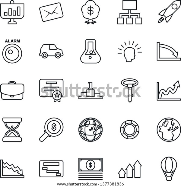 Thin Line Icon Set - alarm led vector, arrow up\
graph, shining head, rocket, earth, growth, crisis, money search,\
flask, cash, case, car, schedule, hierarchy, management,\
certificate, mail,\
pedestal