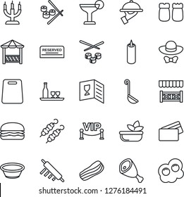 Thin Line Icon Set - alcohol vector, wine card, reserved, cocktail, salad, bacon, waiter, salt and pepper, candle, vip zone, dress code, alcove, credit, kebab, ham, hamburger, ladle, bowl, sushi