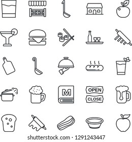 Thin Line Icon Set - alcohol vector, menu, drink, cocktail, phyto bar, beer, bacon, waiter, bread, cafe building, open close, alcove, hamburger, ladle, bowl, rolling pin, cutting board, steaming pan