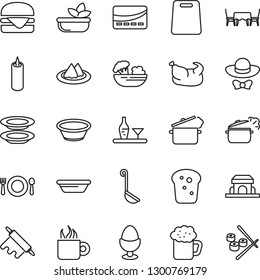 Thin Line Icon Set - alcohol vector, serviette, cafe, coffee, beer, salad, plates, egg stand, bread, building, candle, table, dress code, credit card, chicken, hamburger, ladle, bowl, rolling pin