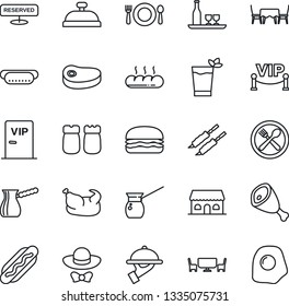 Thin Line Icon Set - alcohol vector, cafe, reserved, reception, phyto bar, waiter, salt and pepper, bread, building, table, vip zone, dress code, chicken, steak, kebab, ham, hamburger, hot dog