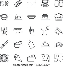 Thin Line Icon Set - alcohol vector, serviette, cafe, cook hat, wine card, reserved, reception, cocktail, phyto bar, plates, salt and pepper, building, candle, open close, credit, kebab, ham, bowl