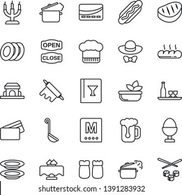Thin Line Icon Set - alcohol vector, restaurant table, cook hat, wine card, menu, beer, salad, plates, egg stand, salt and pepper, bread, cafe building, candle, dress code, open close, credit, steak
