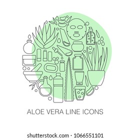 Thin line icon set - aloe vera plant and products, big set of outline design healthcare and cosmetology objects isolated on the white background in circle, vector illustration