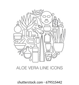 Thin line icon set - aloe vera plant and products, big set of outline design healthcare and cosmetology objects isolated on the white background, vector illustration