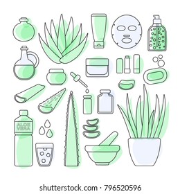 Thin line icon set - aloe vera plant and products, big set of fiiled outline design healthcare and cosmetology objects isolated on the white background, vector illustration