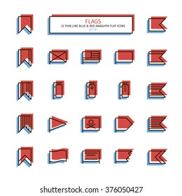Thin line icon set. Anaglyph 3D red and blue style. Flags, banners and bookmarks icons. Vector.