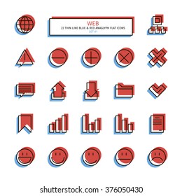 Thin line icon set. Anaglyph 3D red and blue style. Essential web interface icons. Vector.