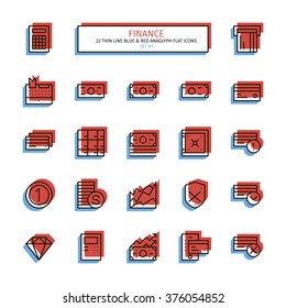 Thin line icon set. Anaglyph 3D red and blue style. Business finance, money, banknote, credit card, banking icons. Vector.