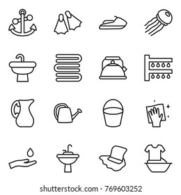 Thin line icon set : anchor, flippers, jet ski, jellyfish, sink, towels, kettle, watering, jug, can, bucket, wiping, hand and drop, water tap, floor washing, handle