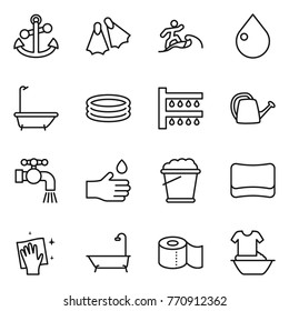 Thin line icon set : anchor, flippers, surfer, drop, bath, inflatable pool, watering, can, water tap, hand, foam bucket, sponge, wiping, toilet paper, handle washing