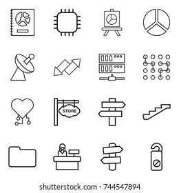 thin line icon set : annual report, chip, presentation, diagram, satellite antenna, up down arrow, server, cardio, store signboard, singlepost, stairs, documents, reception, signpost, do not distrub