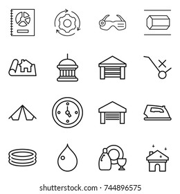 thin line icon set : annual report, around gear, smart glasses, nano tube, project, goverment house, garage, do not trolley sign, tent, watch, iron, inflatable pool, drop, dish cleanser, cleaning