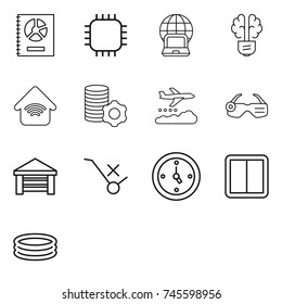 thin line icon set : annual report, chip, notebook globe, bulb brain, wireless home, virtual mining, weather management, smart glasses, garage, do not trolley sign, watch, power switch