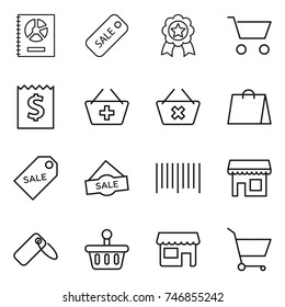 thin line icon set : annual report, sale, medal, cart, receipt, add to basket, delete, shopping bag, label, bar code, shop