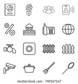 thin line icon set : annual report, bulb, group, pass card, percent, cottage, phone, globe, water tap, ring button, radiator, fence, surveillance camera, pan, fork, duster