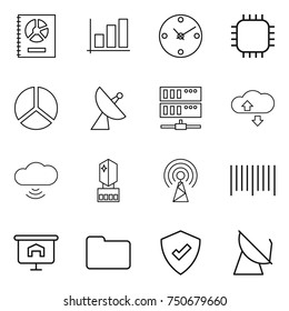 thin line icon set : annual report, graph, clock, chip, diagram, satellite antenna, server, cloude service, cloud wireless, crystall memory, bar code, presentation, documents, protected