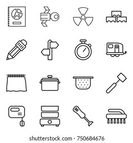 thin line icon set : annual report, satellite, nuclear, block wall, pencil, signpost, stopwatch, trailer, curtain, pan, colander, meat hammer, mixer, double boiler, blender, brush