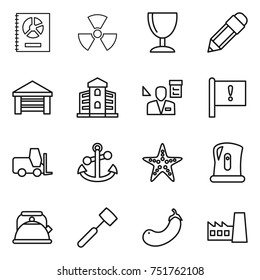 thin line icon set : annual report, nuclear, wineglass, pencil, garage, building, architector, important flag, fork loader, anchor, starfish, kettle, meat hammer, eggplant, factory