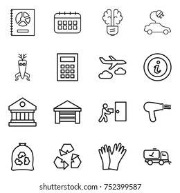 thin line icon set : annual report, calendar, bulb brain, electric car, dna modify, calculator, journey, info, library, garage, courier delivery, hair dryer, garbage bag, recycling, gloves