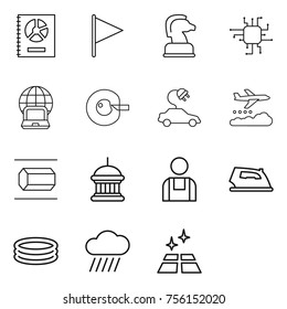 Thin line icon set : annual report, flag, chess horse, chip, notebook globe, cell corection, electric car, weather management, nano tube, goverment house, workman, iron, inflatable pool, rain cloud