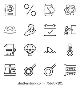 thin line icon set : annual report, percent, touch, atom, group, real estate, terms, courier delivery, inventory, parachute, shark flipper, thermometer, coffee maker, pan, watering