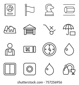Thin line icon set : annual report, flag, chess horse, nano tube, project, garage, do not trolley sign, insurance, workman, ticket, watch, drop, power switch, ring button, dish cleanser
