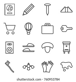 Thin line icon set : annual report, pencil, nail, pyramid, cart, air ballon, suitcase, key, speaker, slippers, mushroom, hive, tooth brush, hard reach place cleaning, gloves, spot