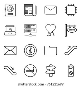 Thin line icon set : annual report, newspaper, mail, chip, notebook, server, cardio, store signboard, info, documents, escalator, no smoking, signpost, do not distrub