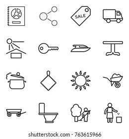 Thin line icon set : annual report, molecule, sale label, delivery, sun potection, key, yacht, table, steam pan, rag, gas oven, wheelbarrow, trailer, toilet, garden cleaning, garbage bin