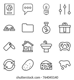 Thin line icon set : annual report, message, bulb, equalizer, dome house, documents, chemical, hi quality package, label, home, sink, pretzel, reload, potato, cheese, spot